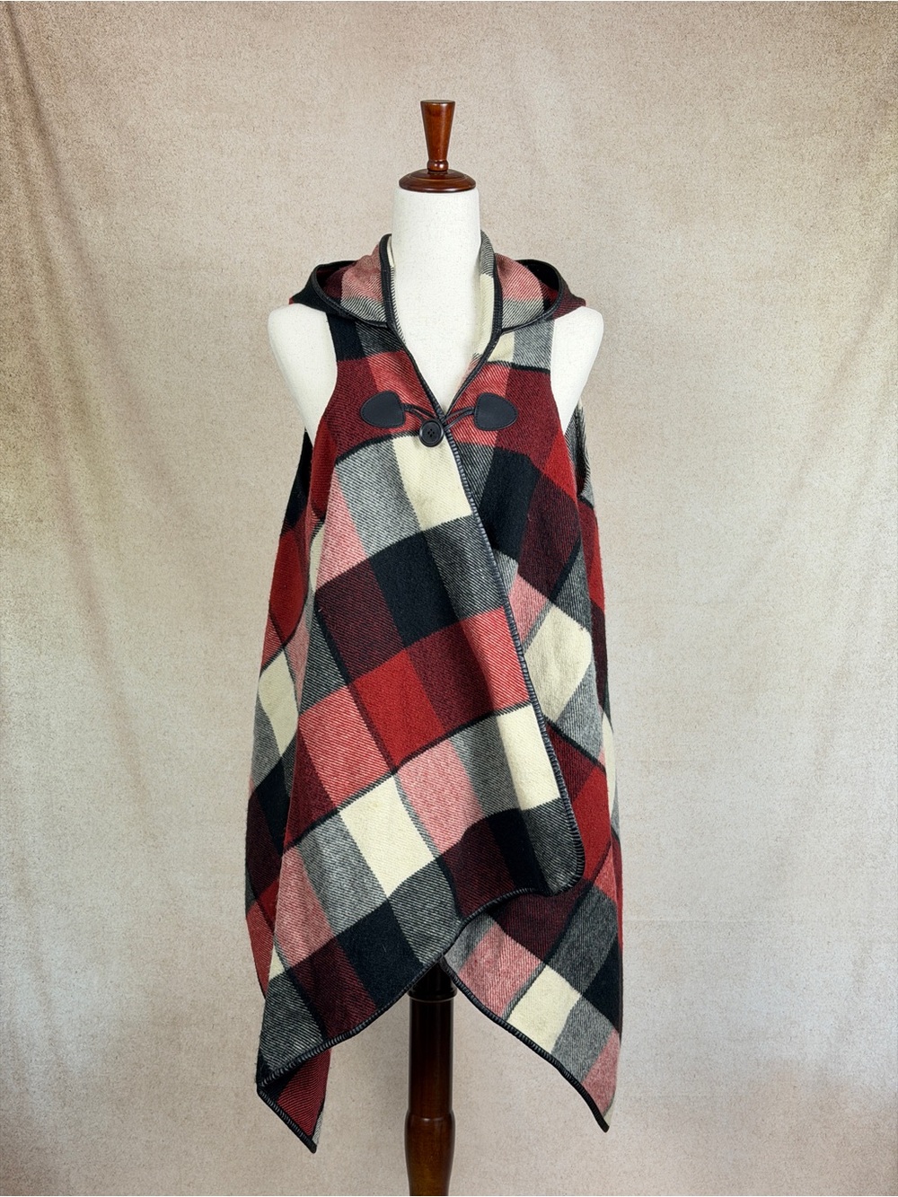 Plaid Hooded Wrap Vest in Red, Black & Cream
